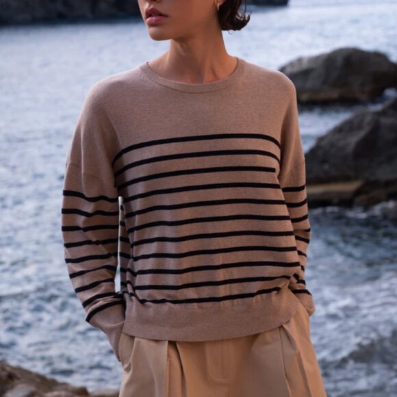 Jenni Kayne Avery Crewneck Sweater XS/S/M Oat/Navy Stripe Quiet Lux Knit - Picture 1 of 8